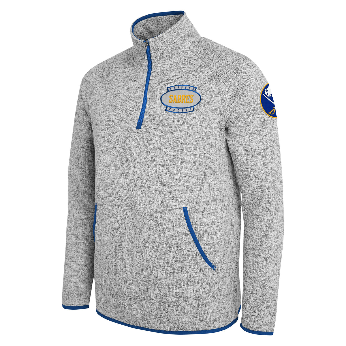 A heather gray quarter-zip pullover jacket with blue trim, featuring a 'Sabres' logo on the left chest and a Buffalo Sabres patch on the right sleeve, shown on a plain white background.
