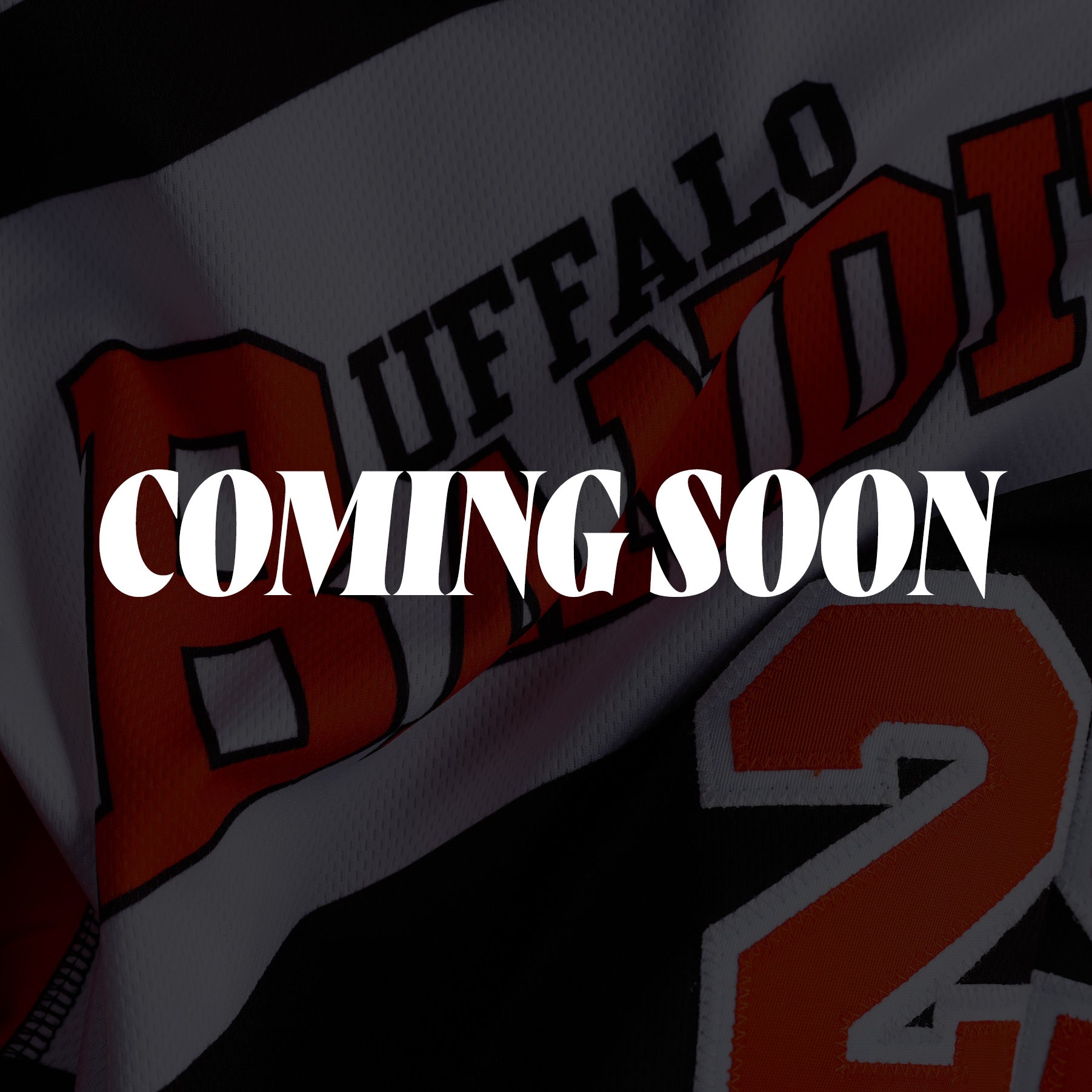 Coming Soon with a Buffalo bandits lacrosse player photo shaded out in the backgrund