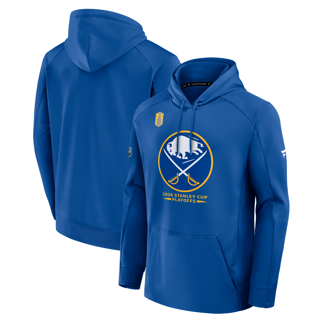 Blue hoodie with a Buffalo Sabres playoffs logos  on a white background