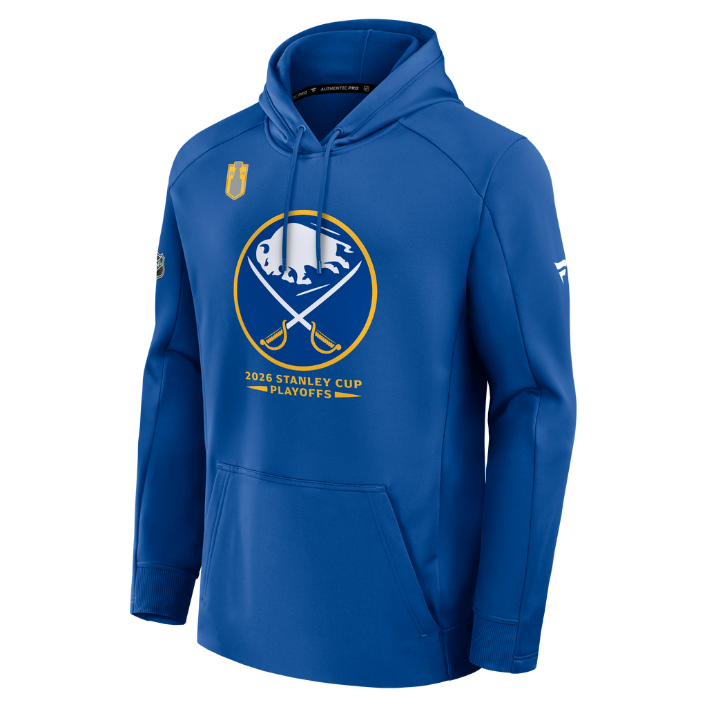 Blue hoodie with Buffalo Sabres playoffs logo on a white background