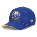 Blue cap with yellow accents and a logo on a white background