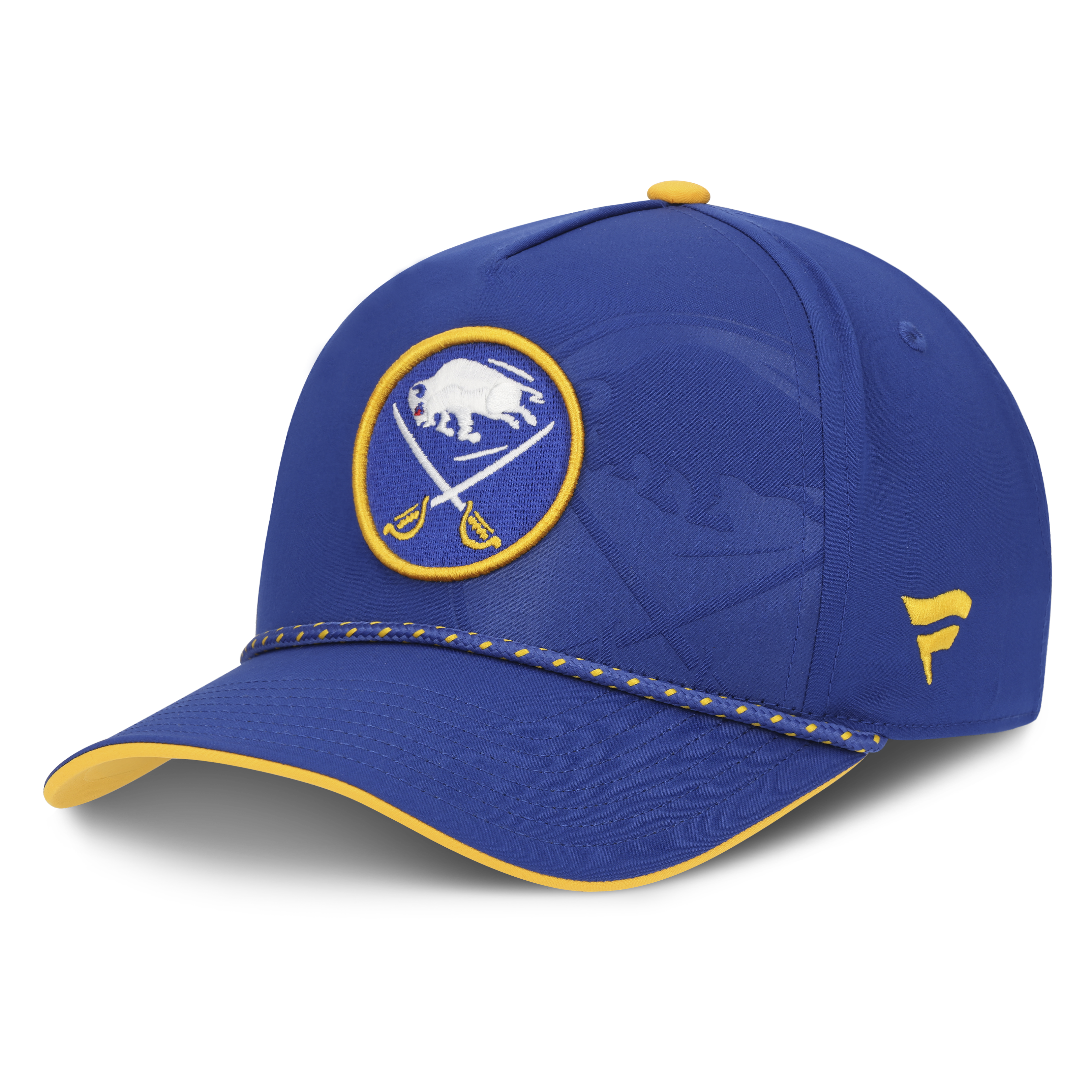 Blue cap with yellow accents and a logo on a white background
