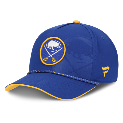 Blue cap with yellow accents and a logo on a white background
