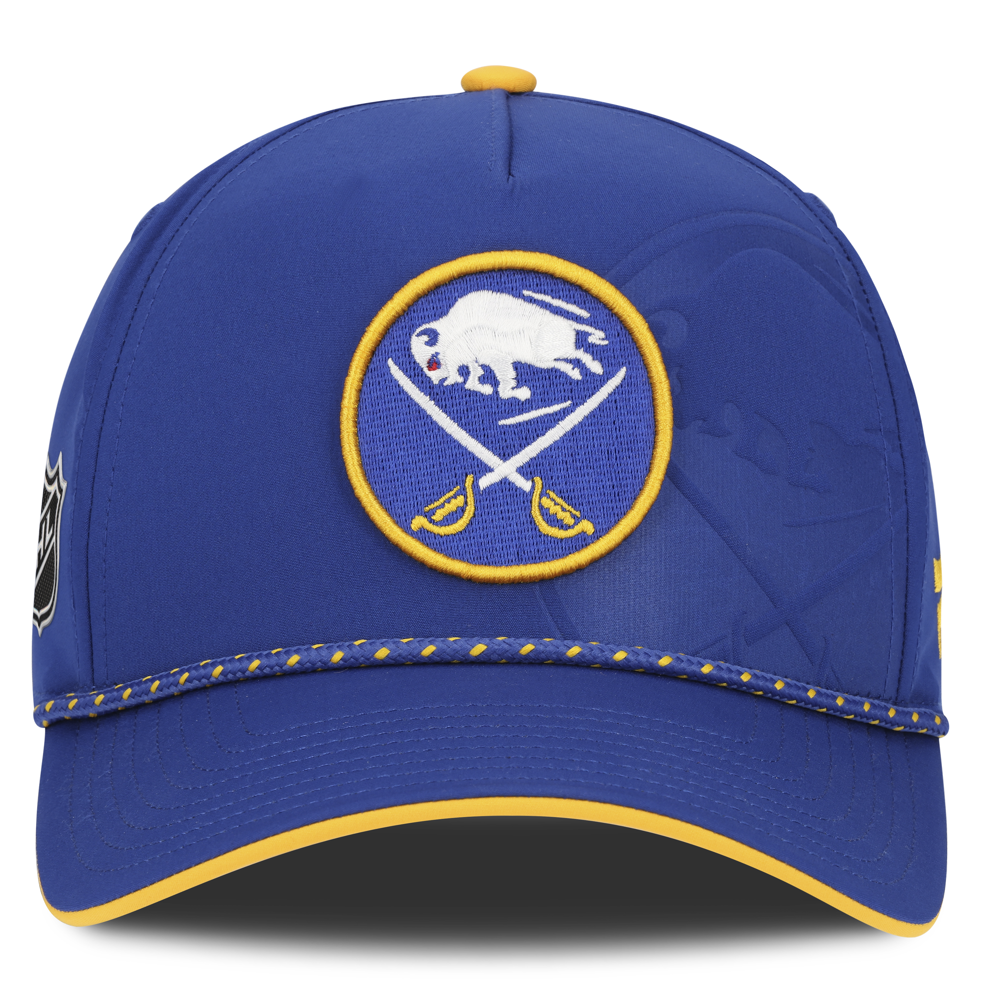Blue cap with a logo featuring a buffalo and crossed swords on a white background