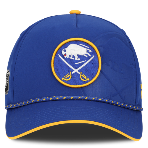 Blue cap with a logo featuring a buffalo and crossed swords on a white background