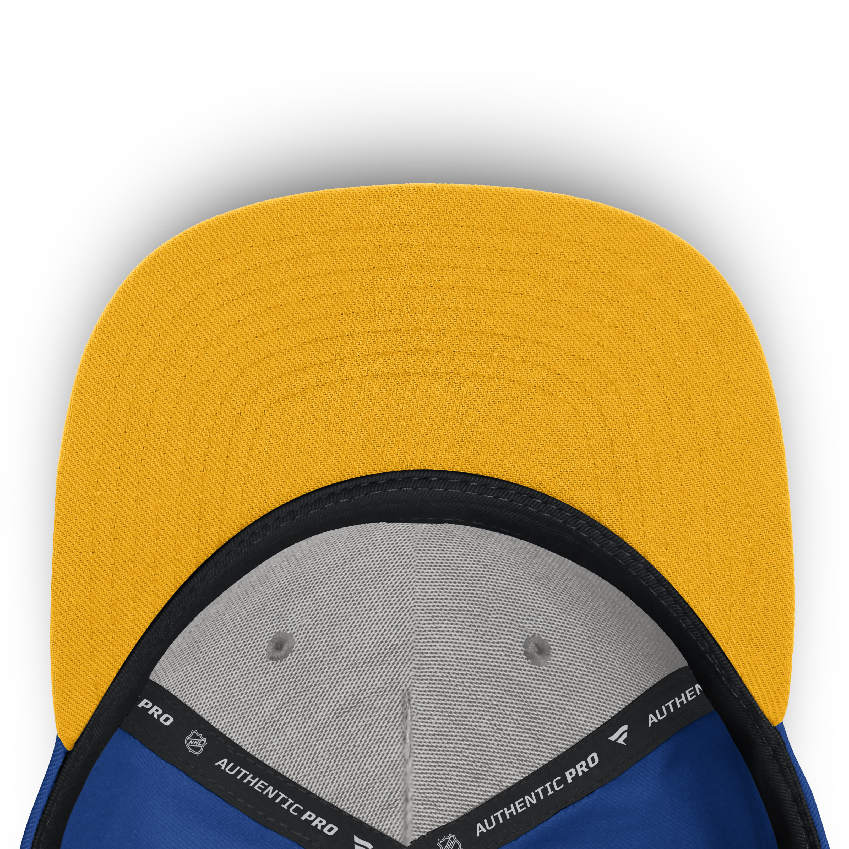 Close-up of a yellow and blue cap with 'Authentic Pro' branding on a white background