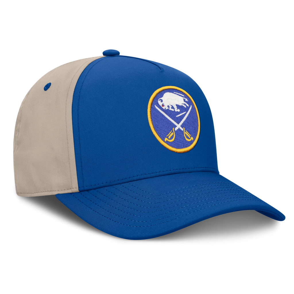 Blue and beige Sabres cap with a logo on a white background