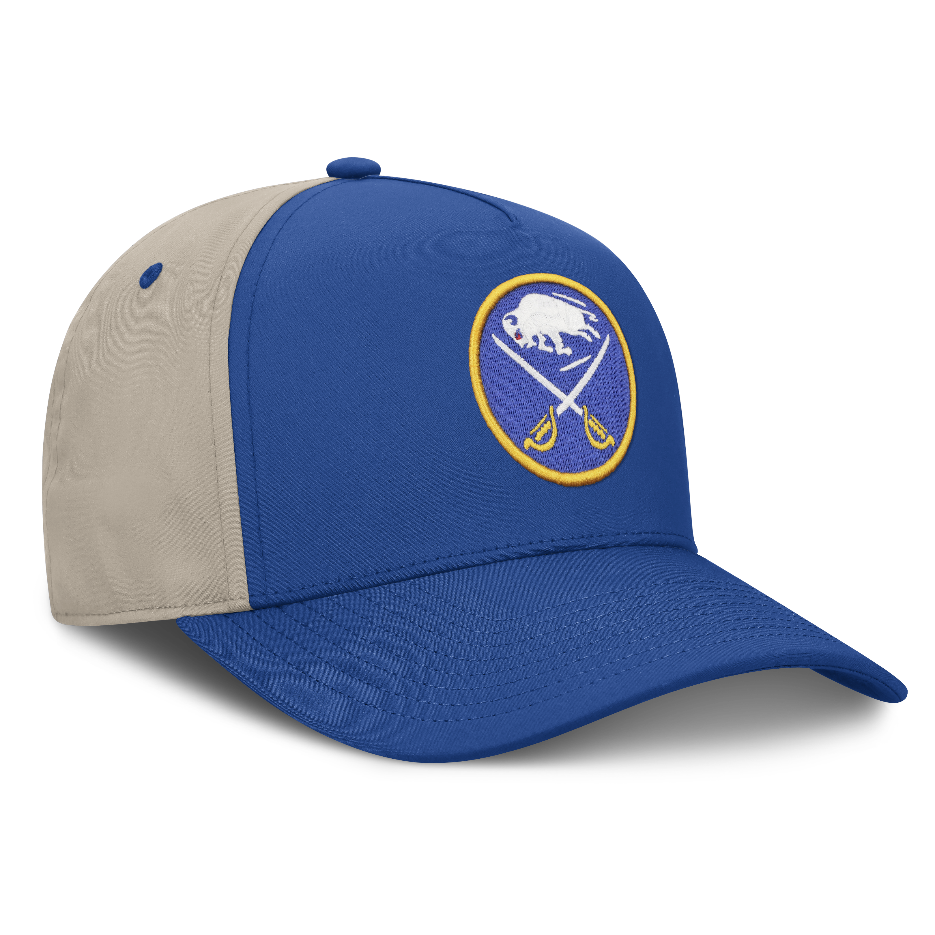 Blue and beige Sabres cap with a logo on a white background