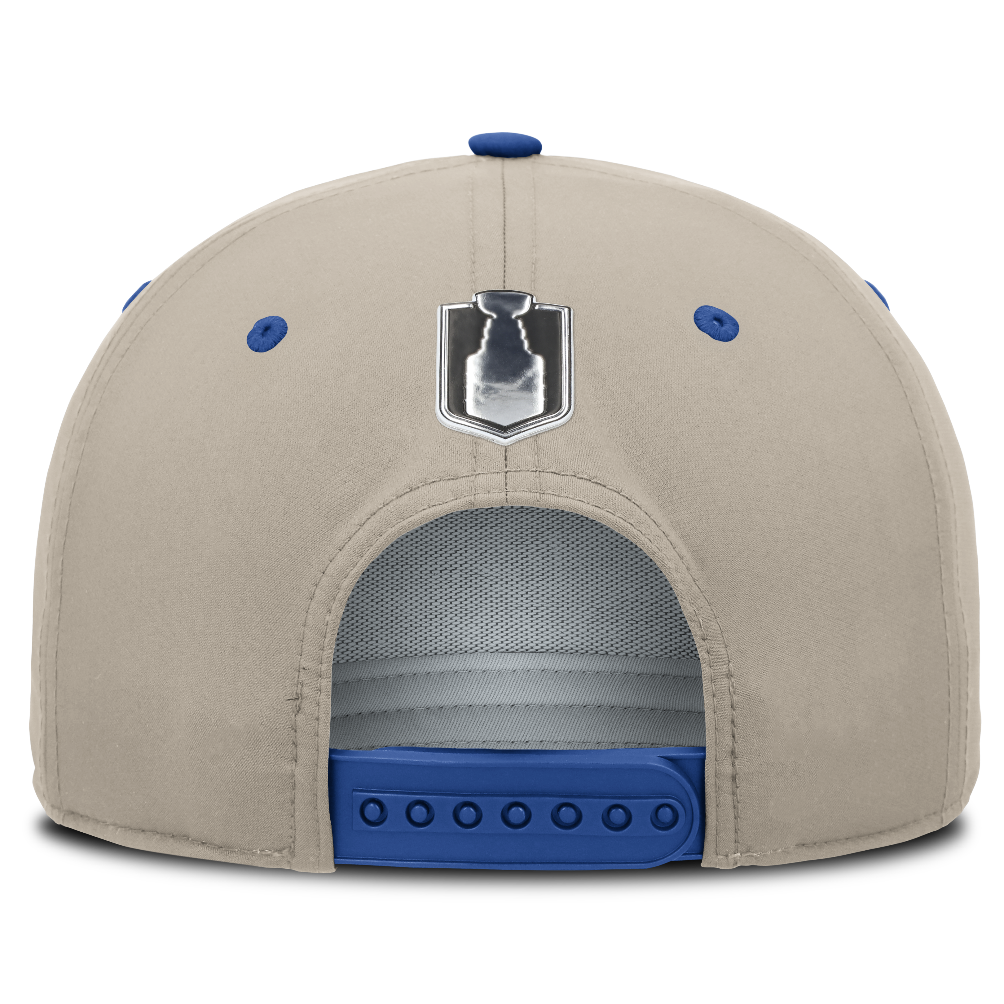 Beige cap with blue accents and a logo on the back against a white background