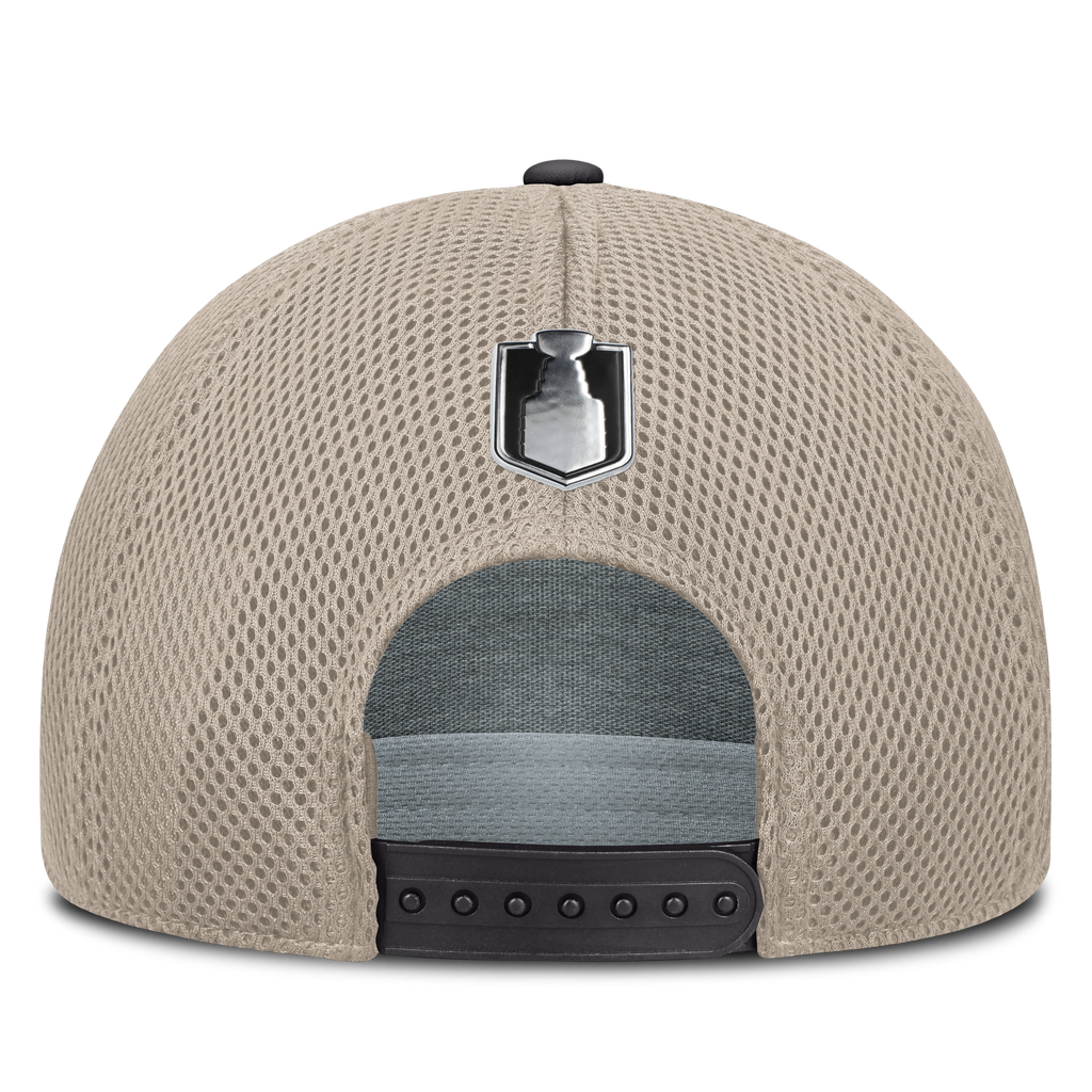 Beige mesh cap with a brand logo on the back against a white background