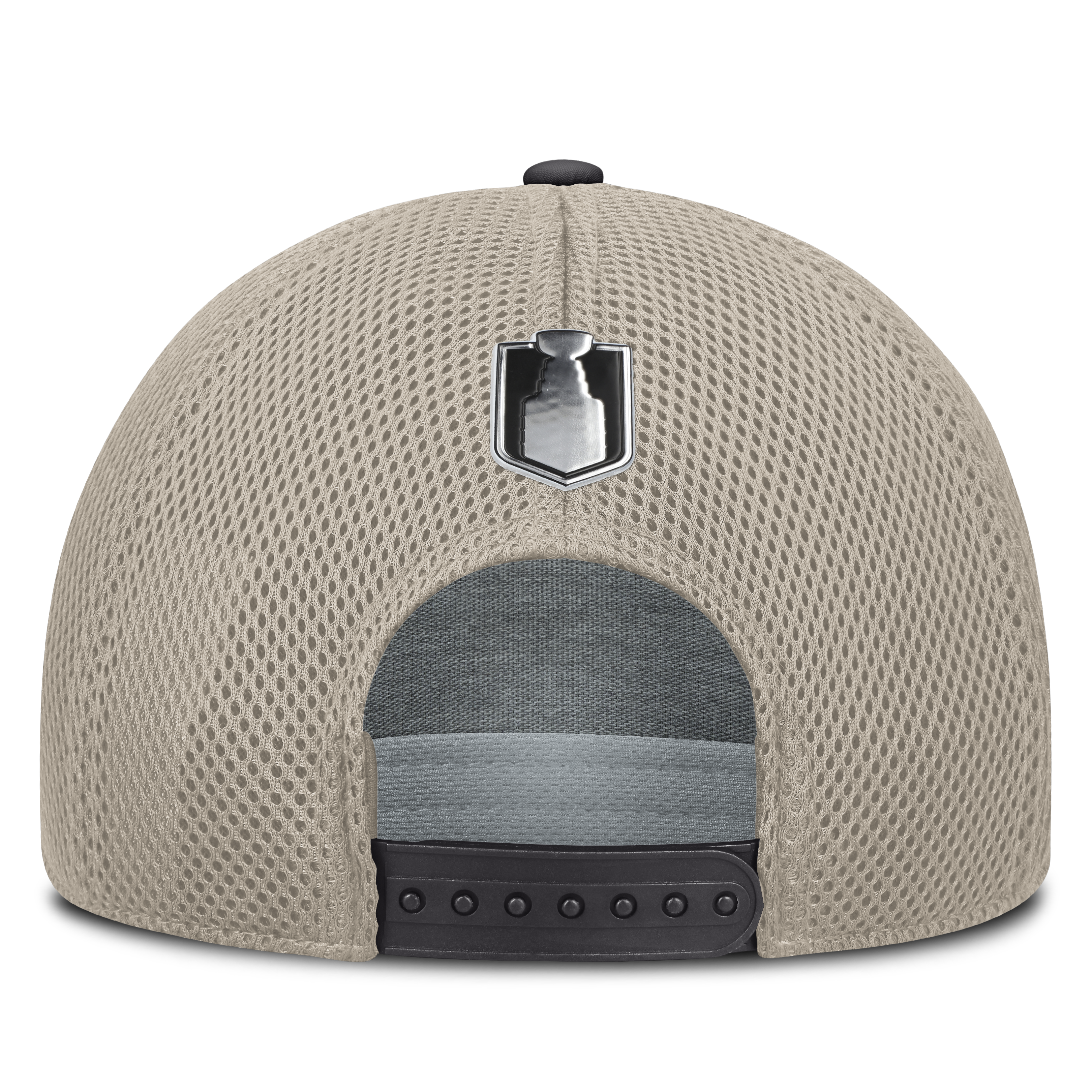 Beige mesh cap with a brand logo on the back against a white background