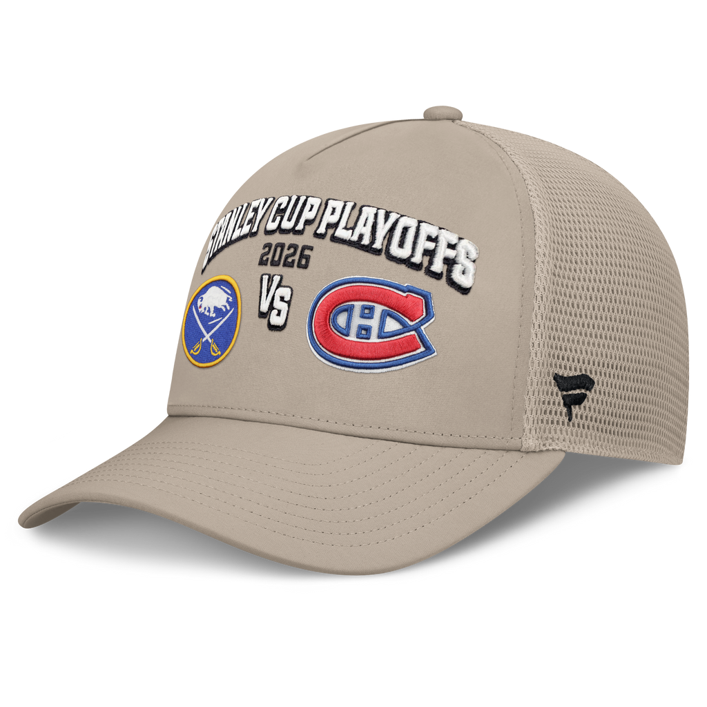 Beige cap with Stanley Cup Playoffs 2026 text and logos on a white background