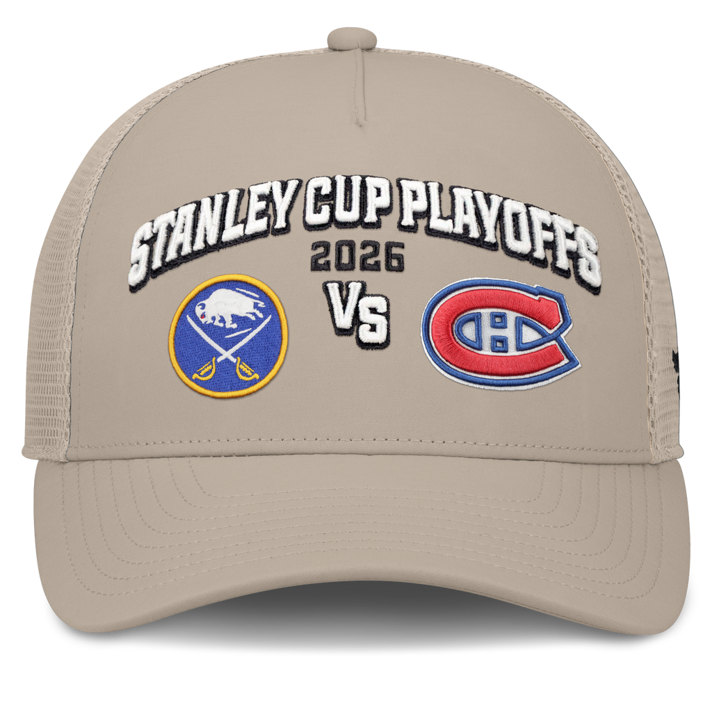Beige cap with Stanley Cup Playoffs 2026 event details and team logos on a white background