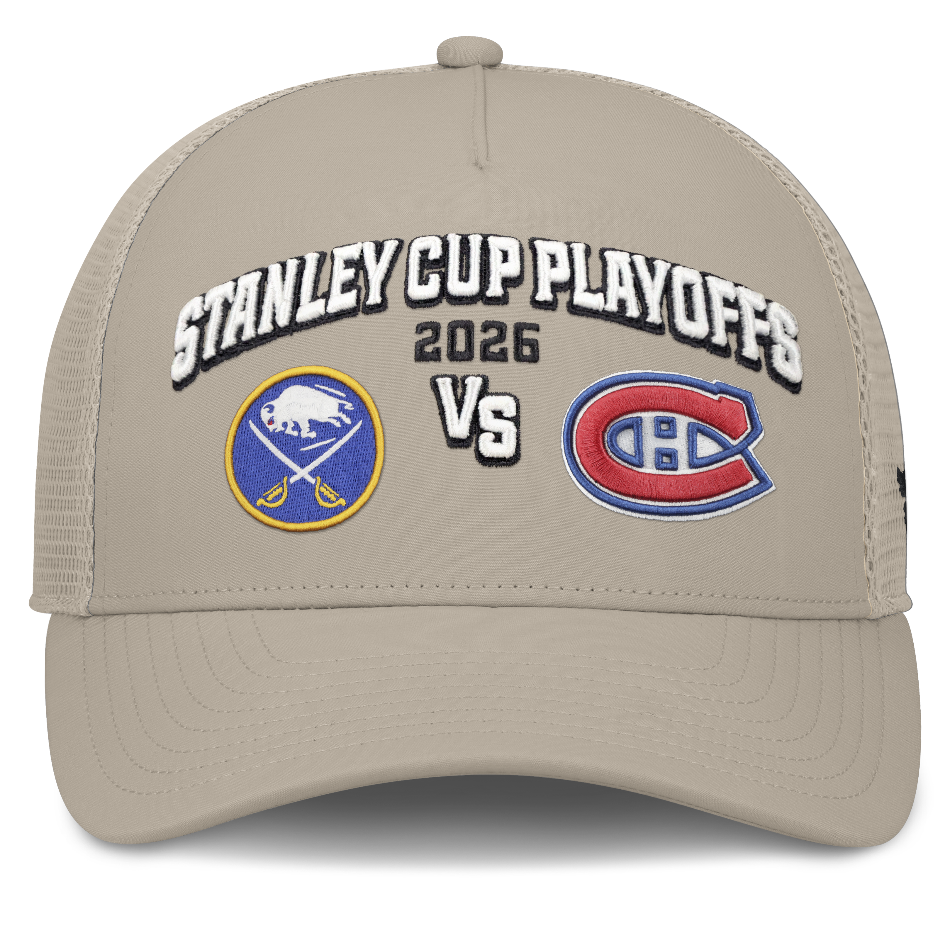 Beige cap with Stanley Cup Playoffs 2026 event details and team logos on a white background