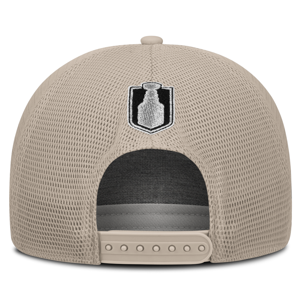 Beige mesh cap with a logo on the front panel against a white background