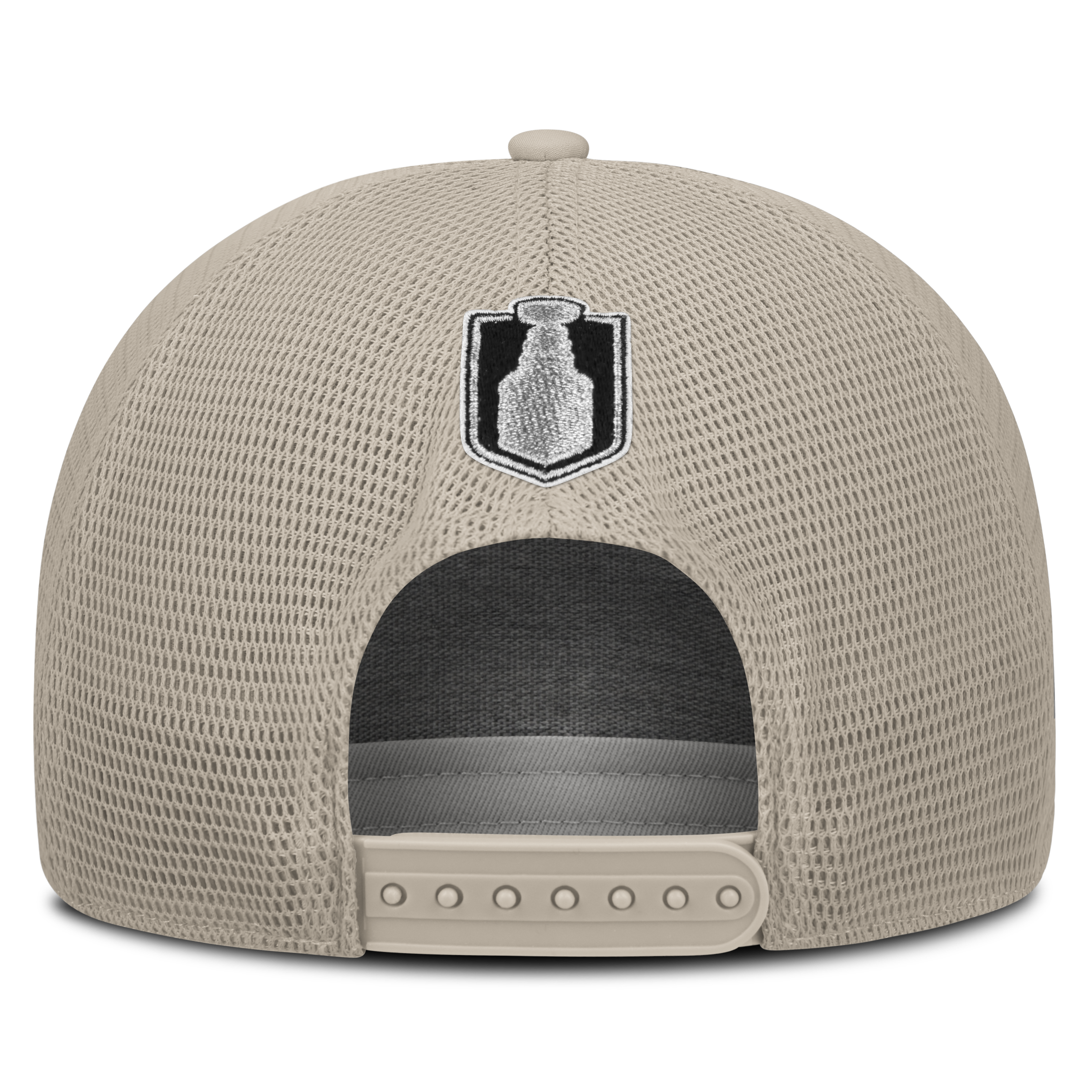 Beige mesh cap with a logo on the front panel against a white background