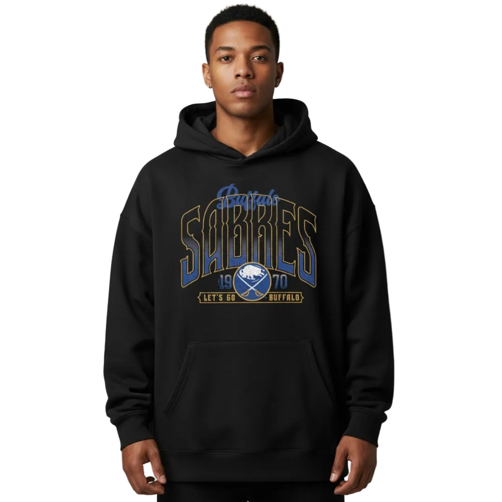 Person wearing a black hoodie with 'Sabres' branding on a gray background