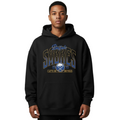 Person wearing a black hoodie with 'Sabres' branding on a gray background