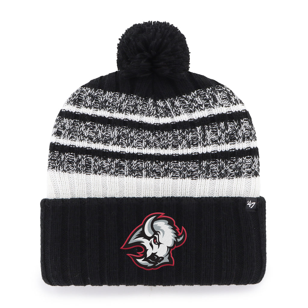 Black and white striped 'goathead' beanie with pom-pom and logo on a white background