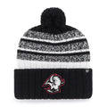 Black and white striped 'goathead' beanie with pom-pom and logo on a white background