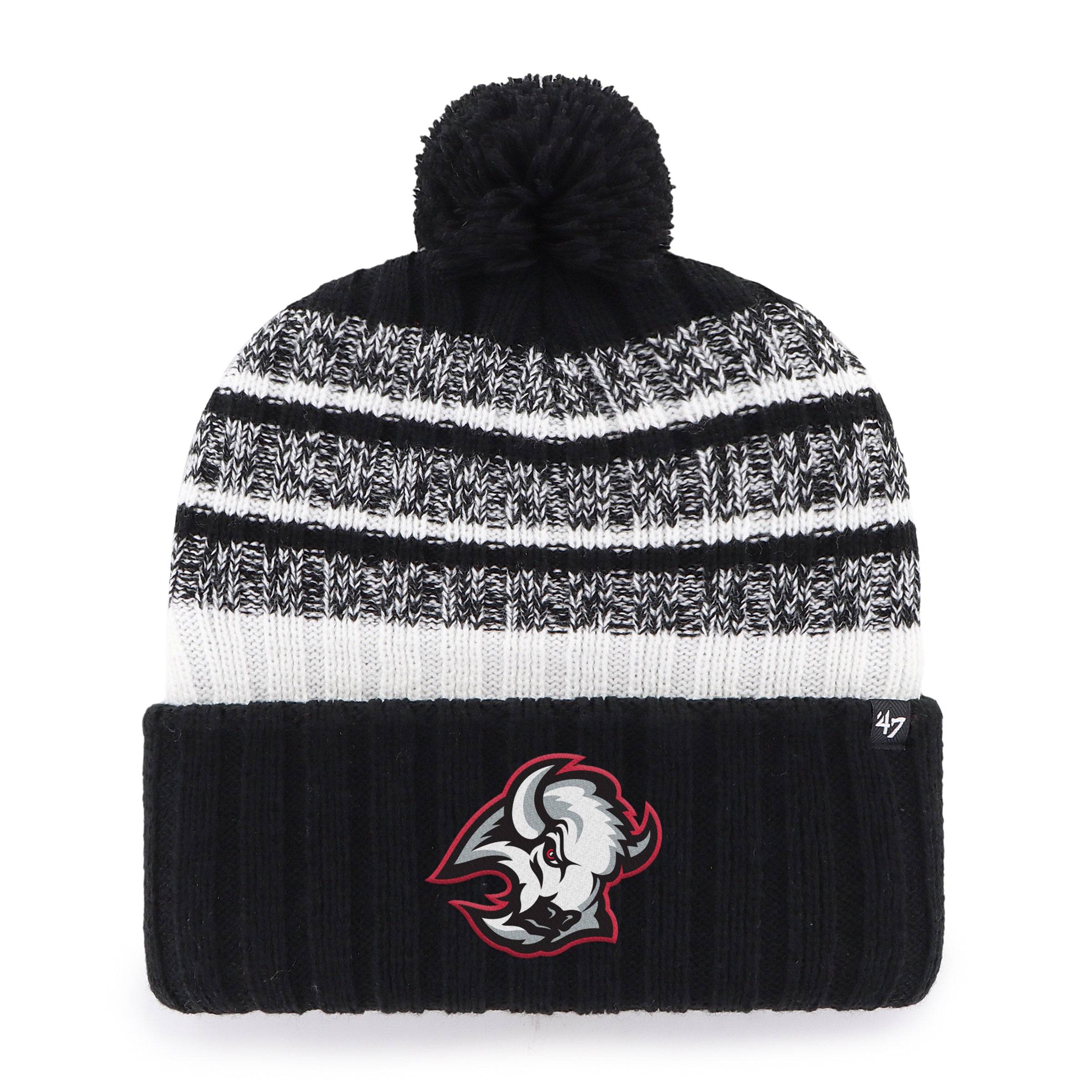Black and white striped 'goathead' beanie with pom-pom and logo on a white background