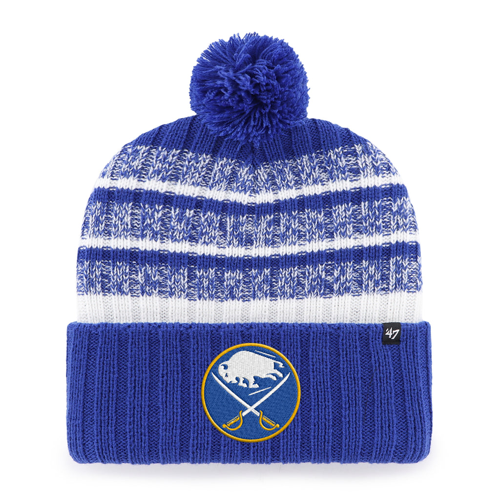 Blue and white striped beanie with pom-pom and logo on a white background