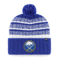 Blue and white striped beanie with pom-pom and logo on a white background