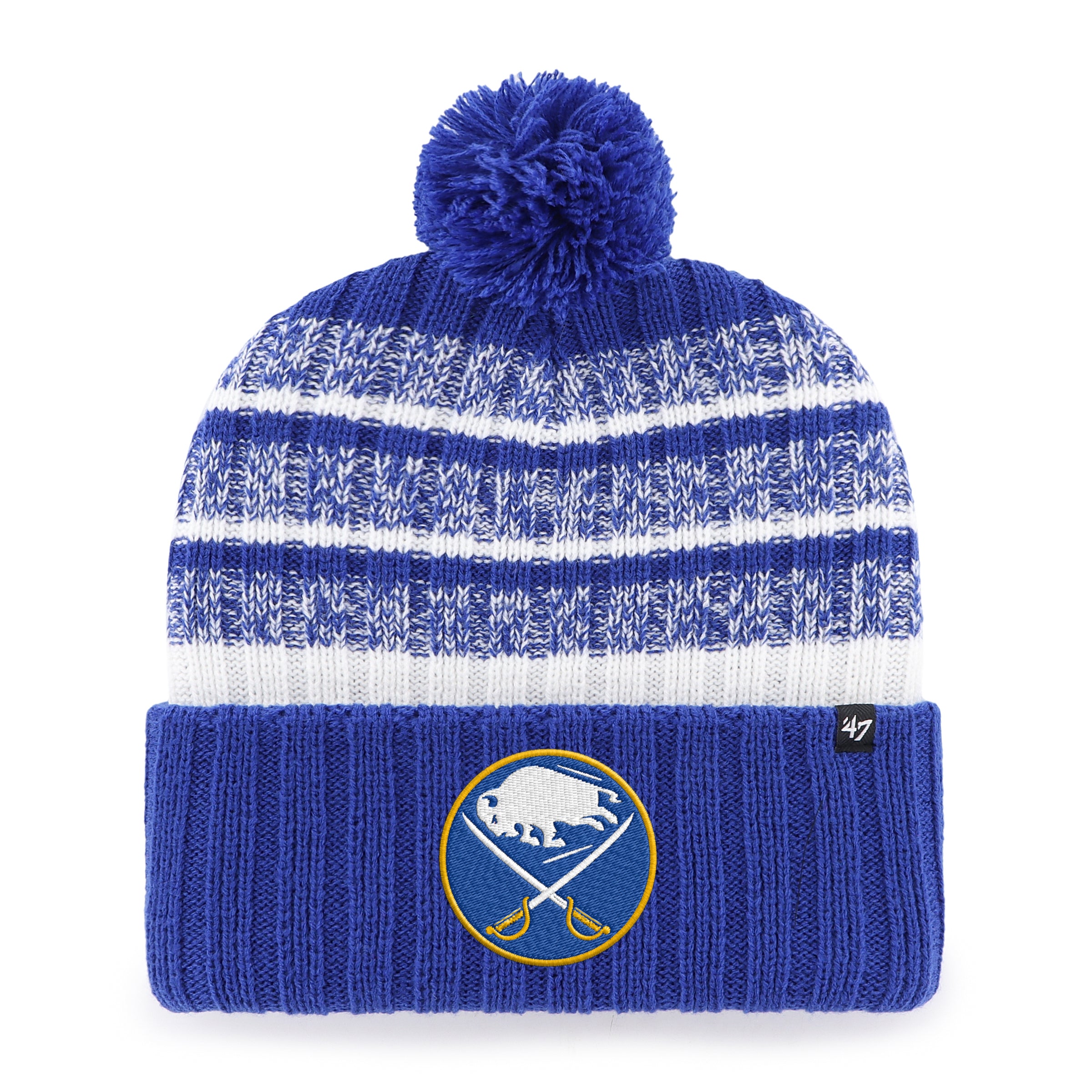 Blue and white striped beanie with pom-pom and logo on a white background