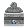 Gray and white striped beanie with pom-pom and sports team logo on a white background