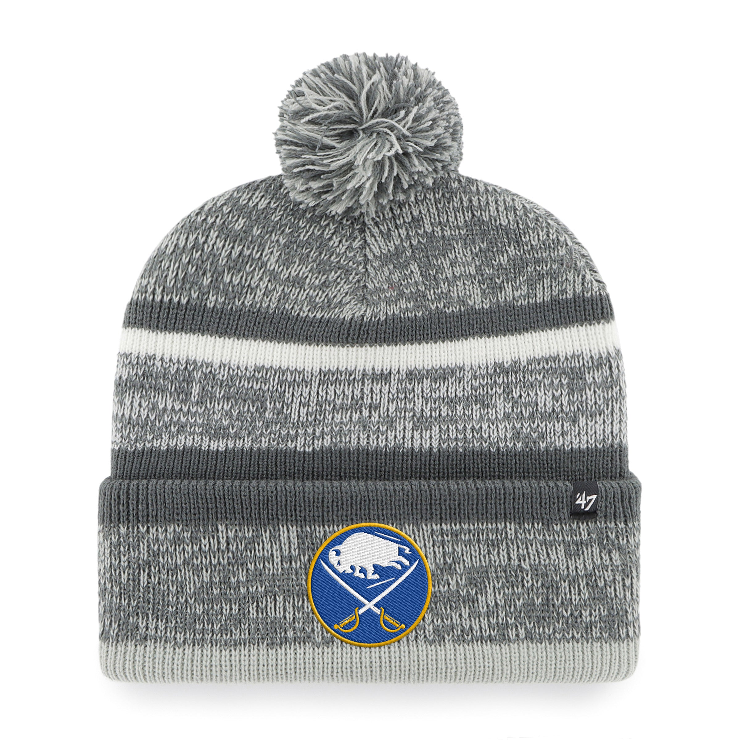 Gray and white striped beanie with pom-pom and sports team logo on a white background