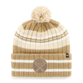 Beige and white striped beanie with pom-pom on a white background