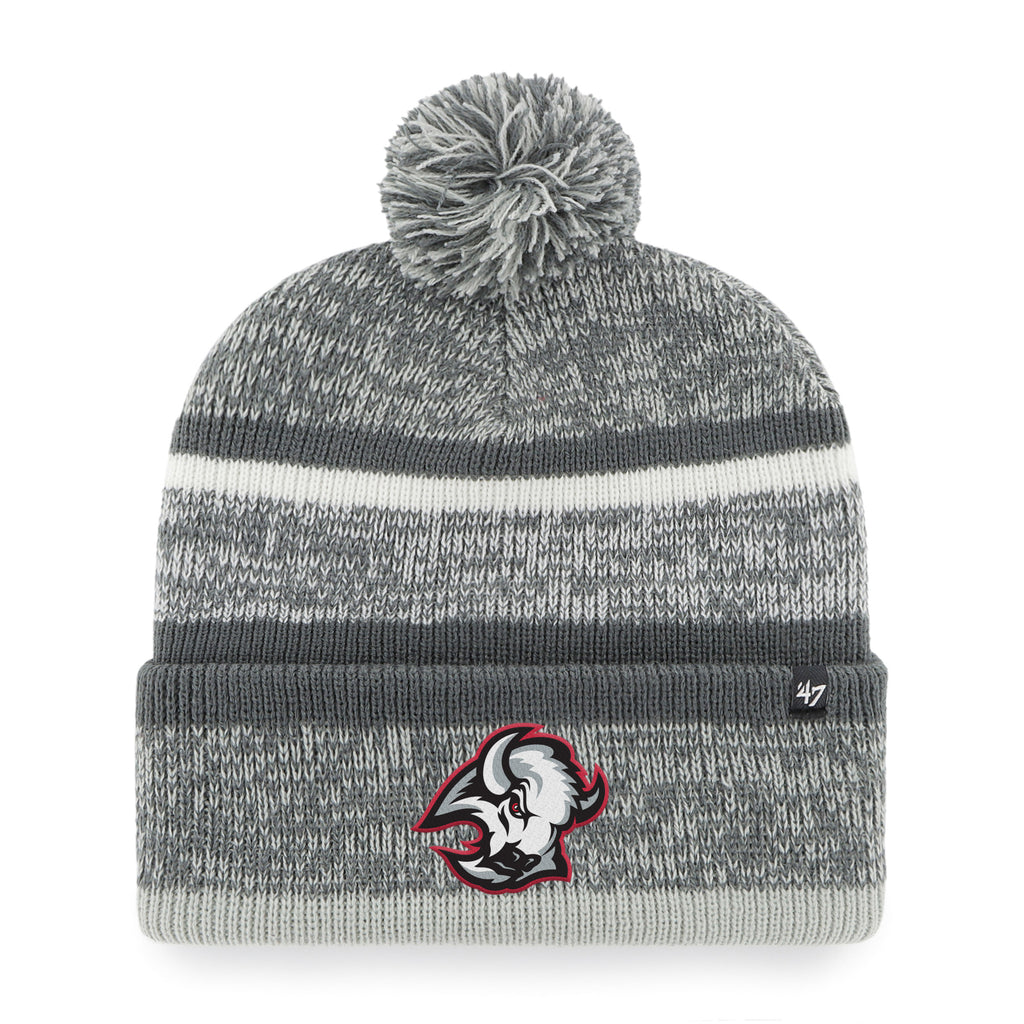 Gray and white striped beanie with pom-pom and Sabres goathead logo on a white background