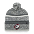 Gray and white striped beanie with pom-pom and Sabres goathead logo on a white background