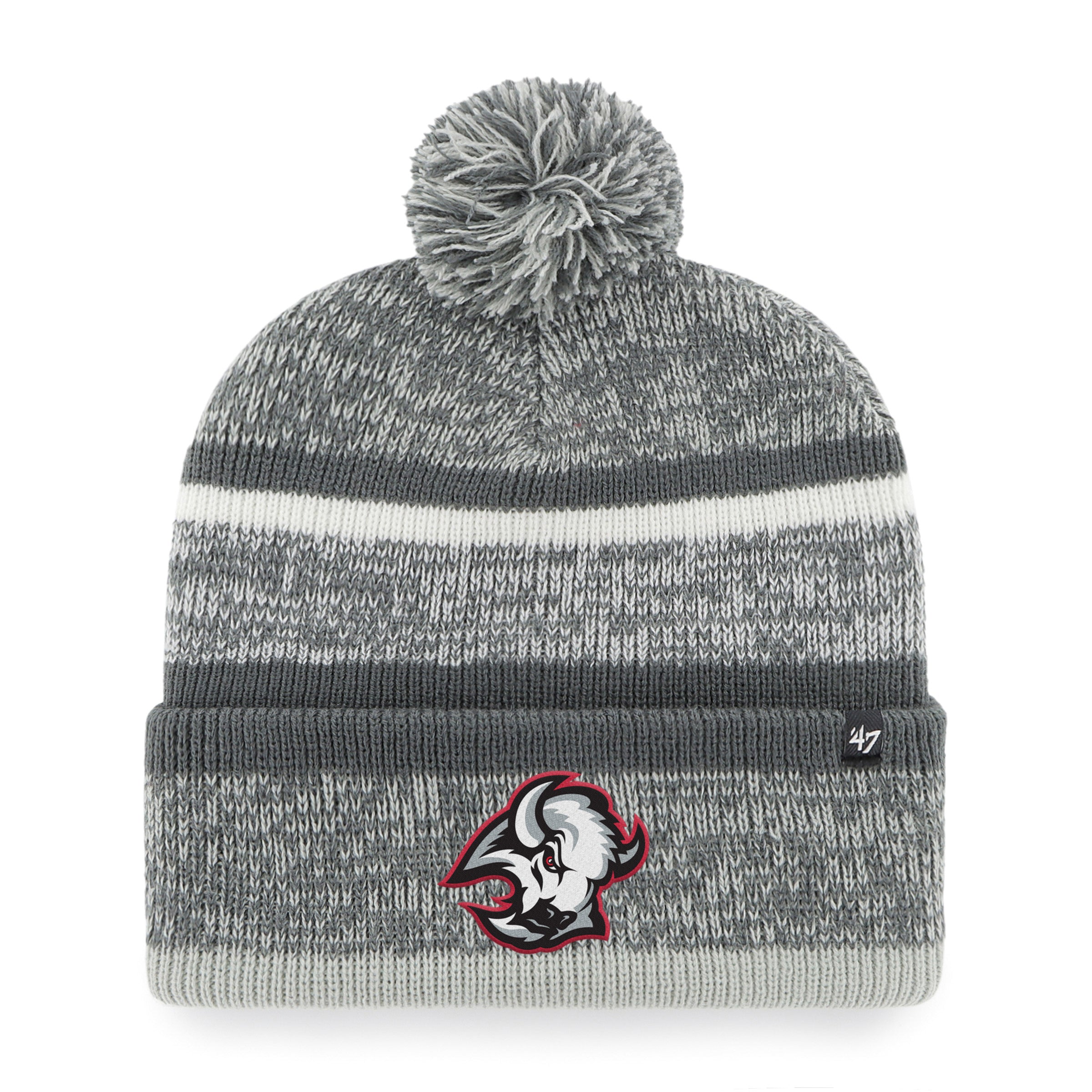 Gray and white striped beanie with pom-pom and Sabres goathead logo on a white background
