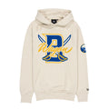 Beige hoodie with blue and yellow logo on a white background
