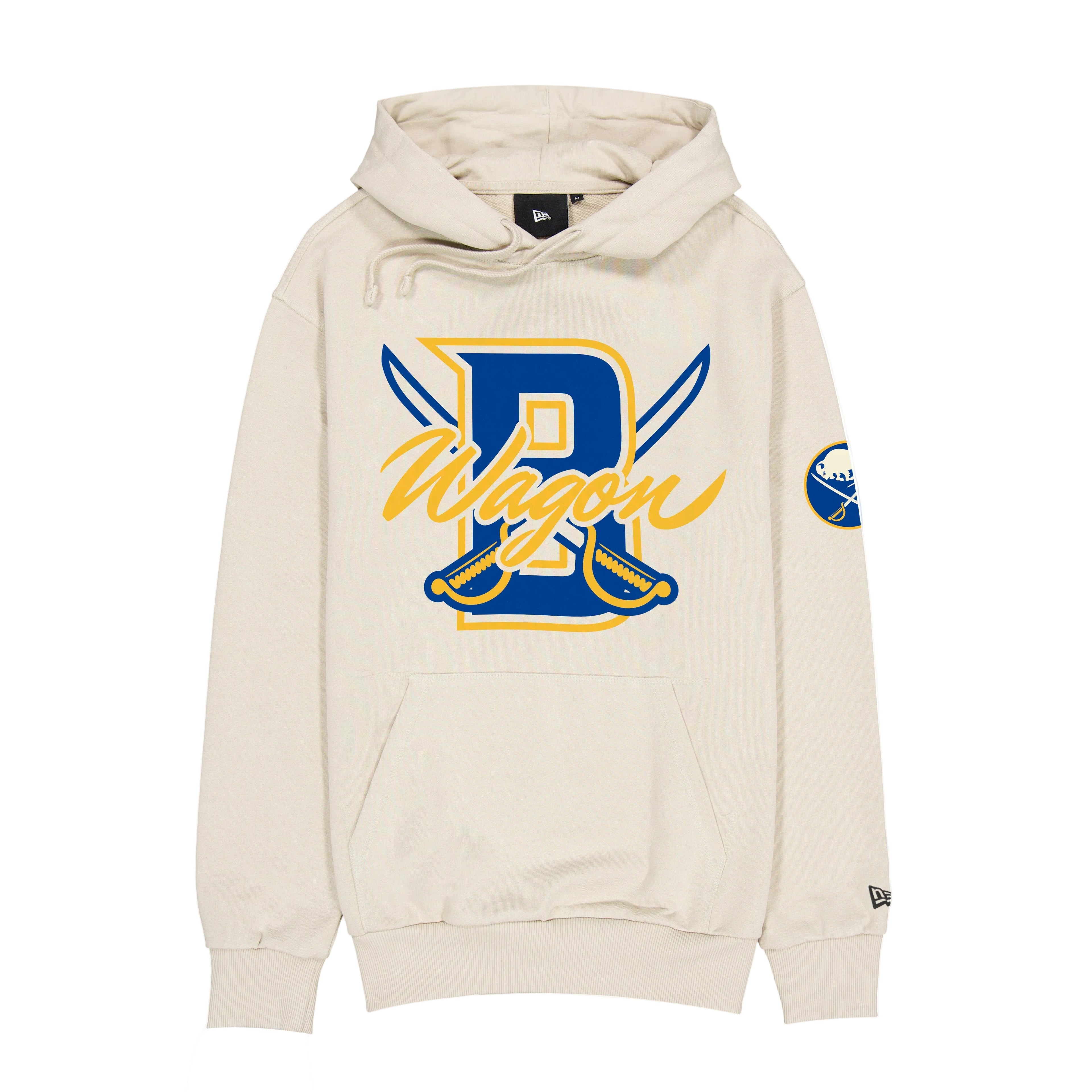 Beige hoodie with blue and yellow logo on a white background