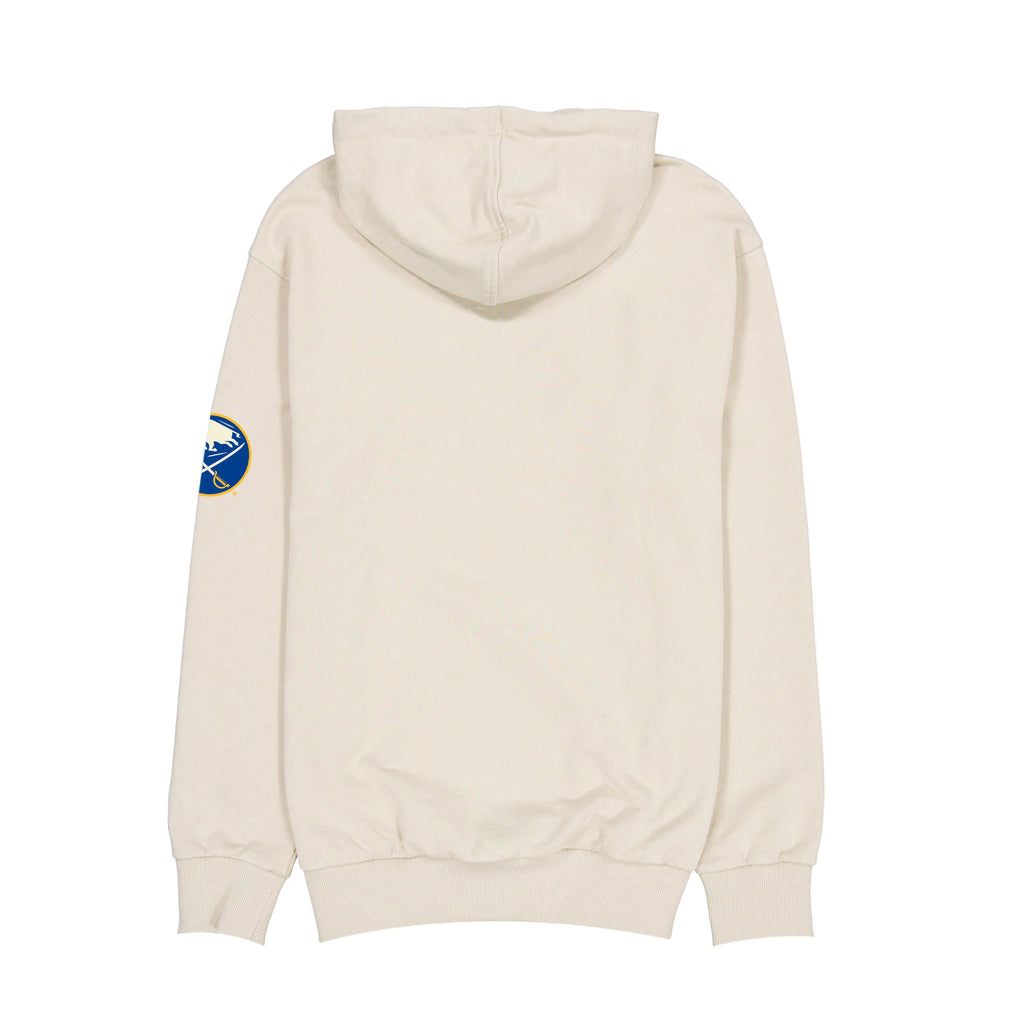 Beige hoodie with a small logo on the sleeve against a white background