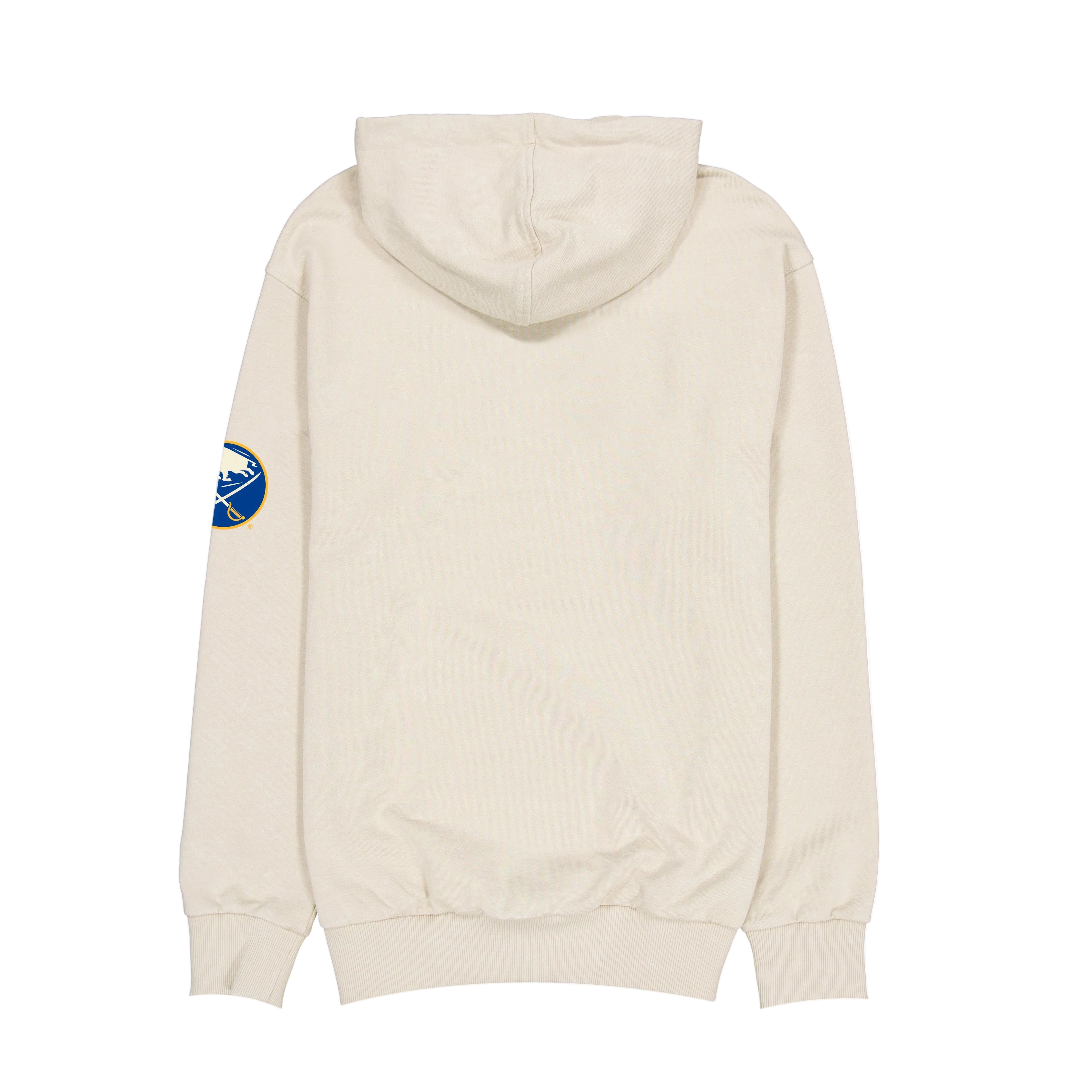 Beige hoodie with a small logo on the sleeve against a white background
