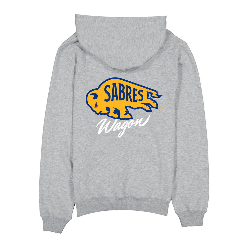 Gray hoodie with 'Sabres Wagon' logo on the back against a white background