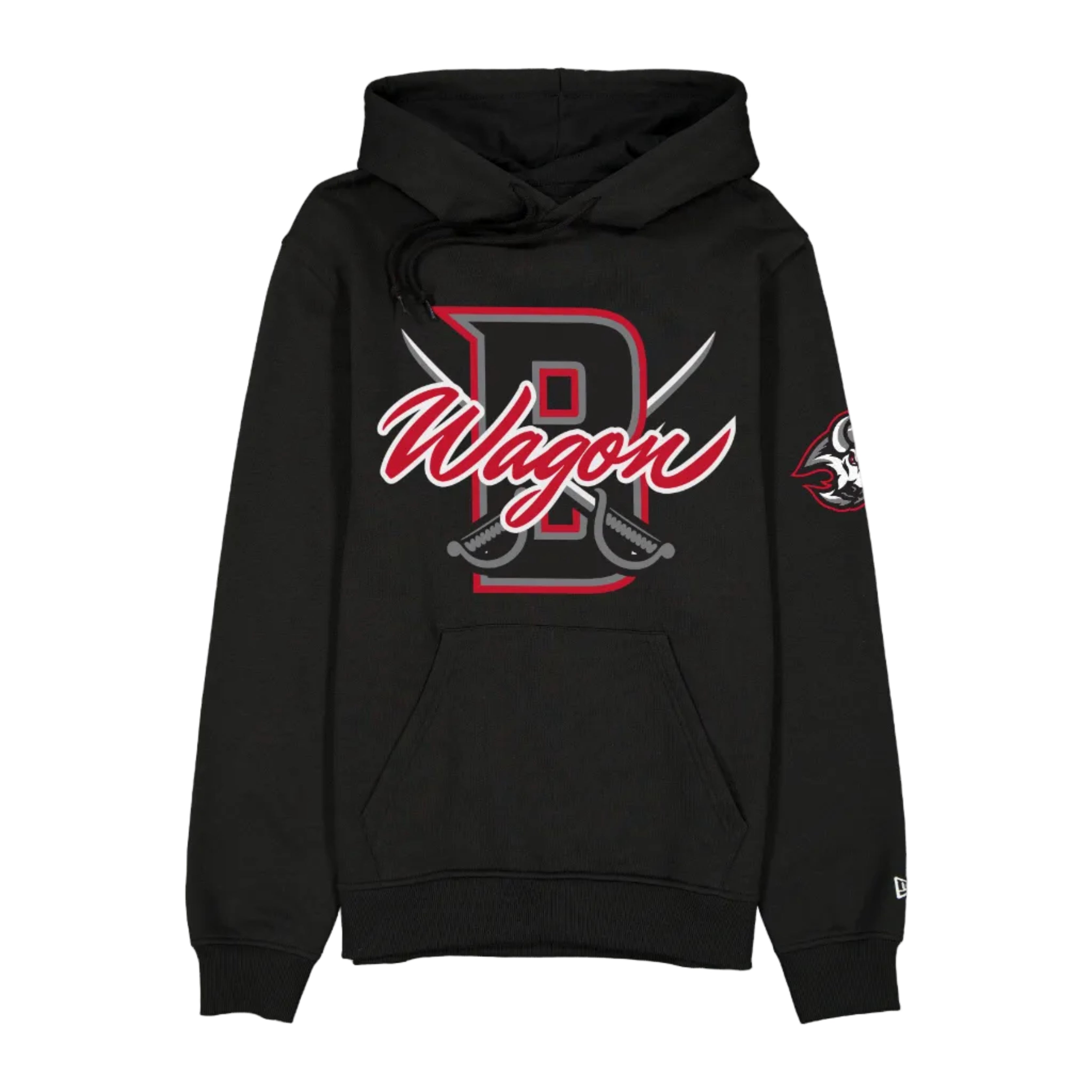 Black hoodie with red and white logo on a white background