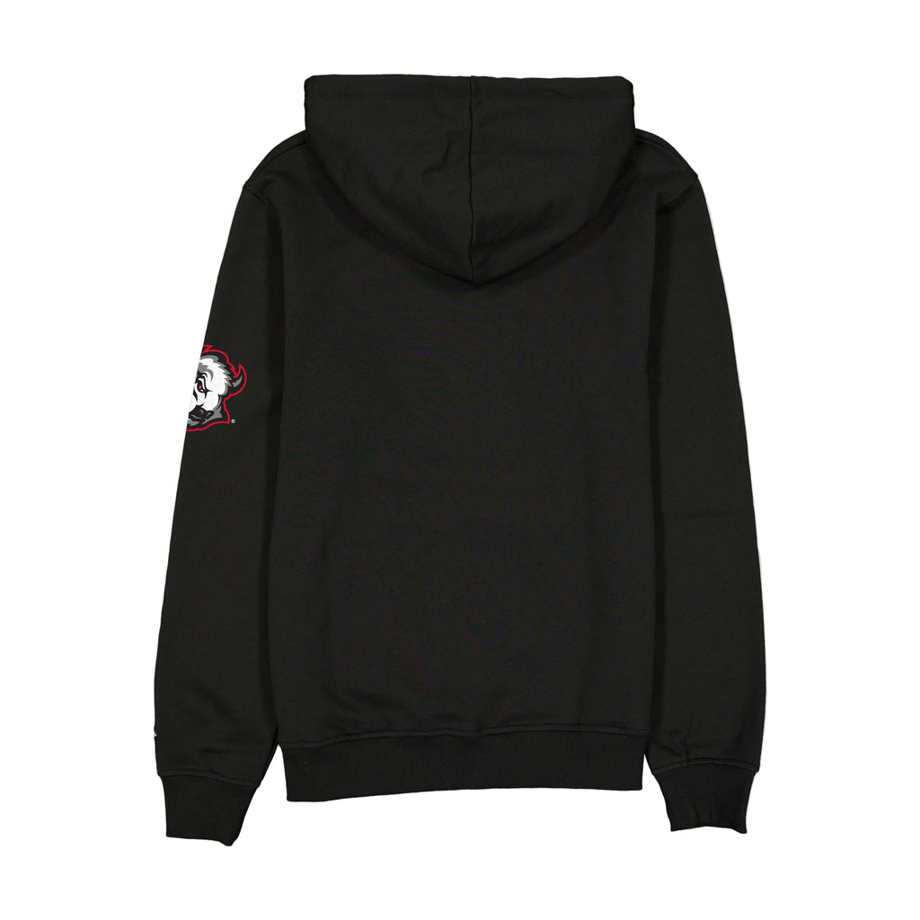 Black hoodie with a small patch on the sleeve against a white background