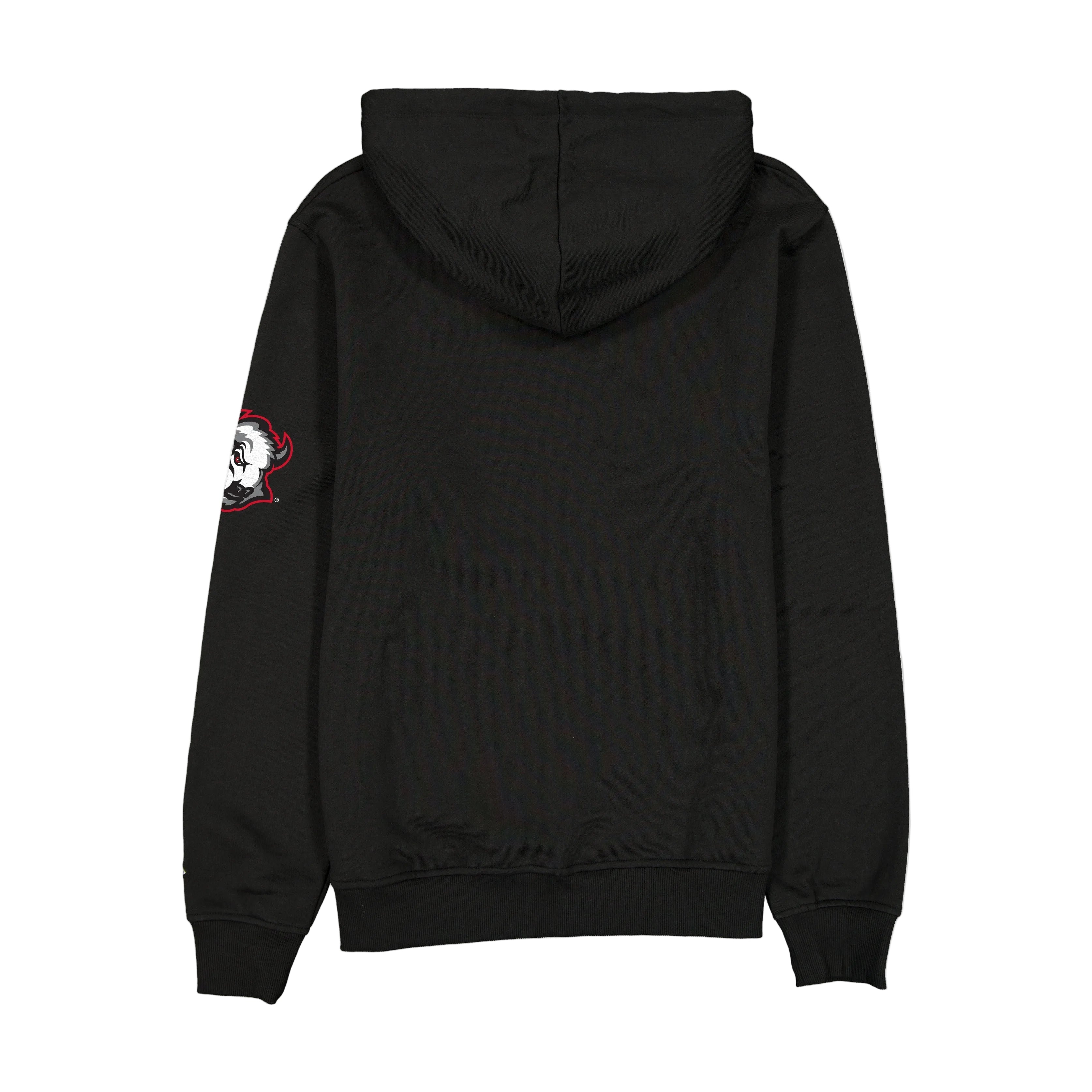Black hoodie with a small patch on the sleeve against a white background