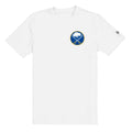 White t-shirt with a logo on the chest against a white background