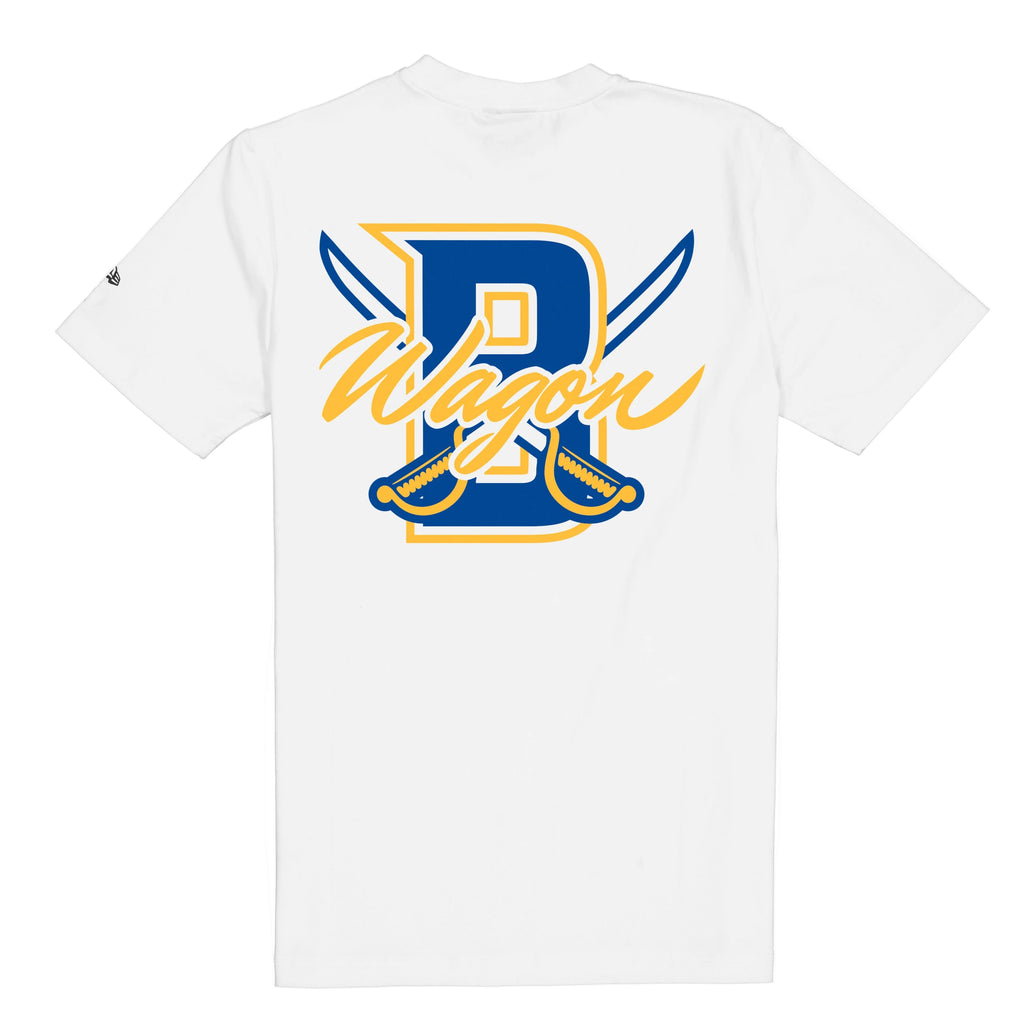 White t-shirt with a logo on the back featuring the letter 'R' and the word 'Wagon'.