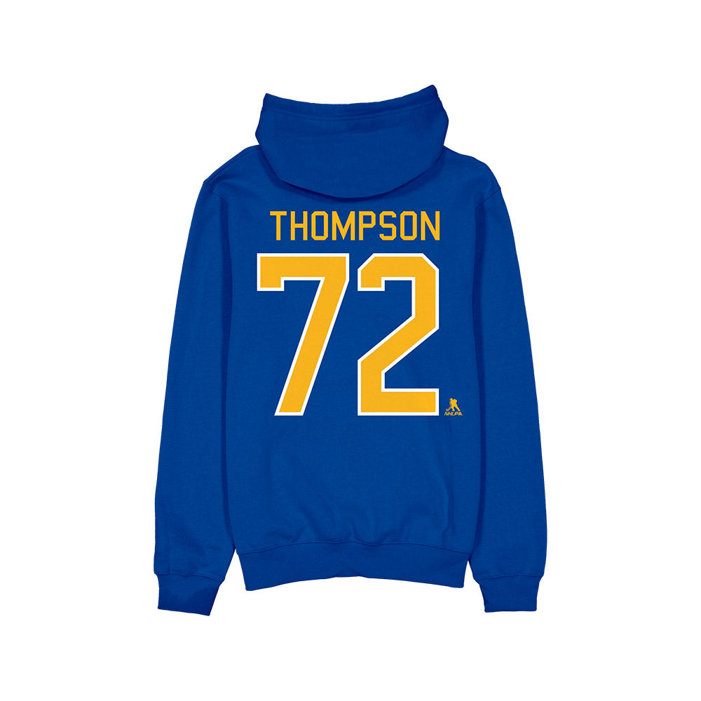 Blue hoodie with 'THOMPSON 72' printed on the back against a white background