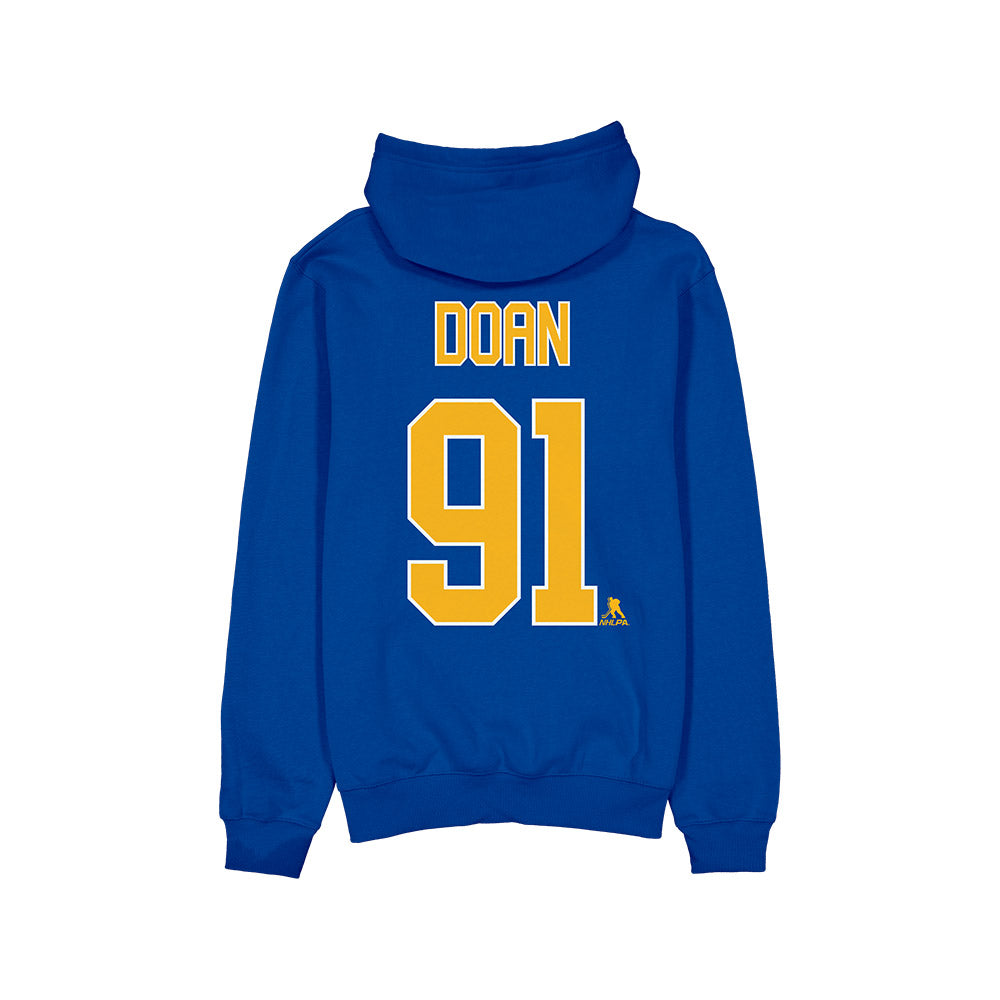 Blue hoodie with yellow text and number on a white background