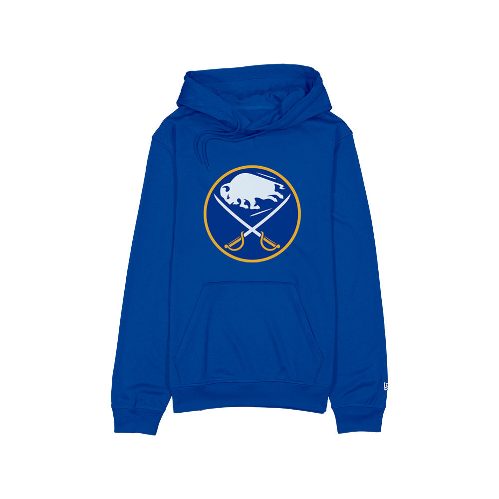 Blue hoodie with a logo on a white background