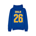 Blue hoodie with yellow text 'DAHLIN 26' on a white background