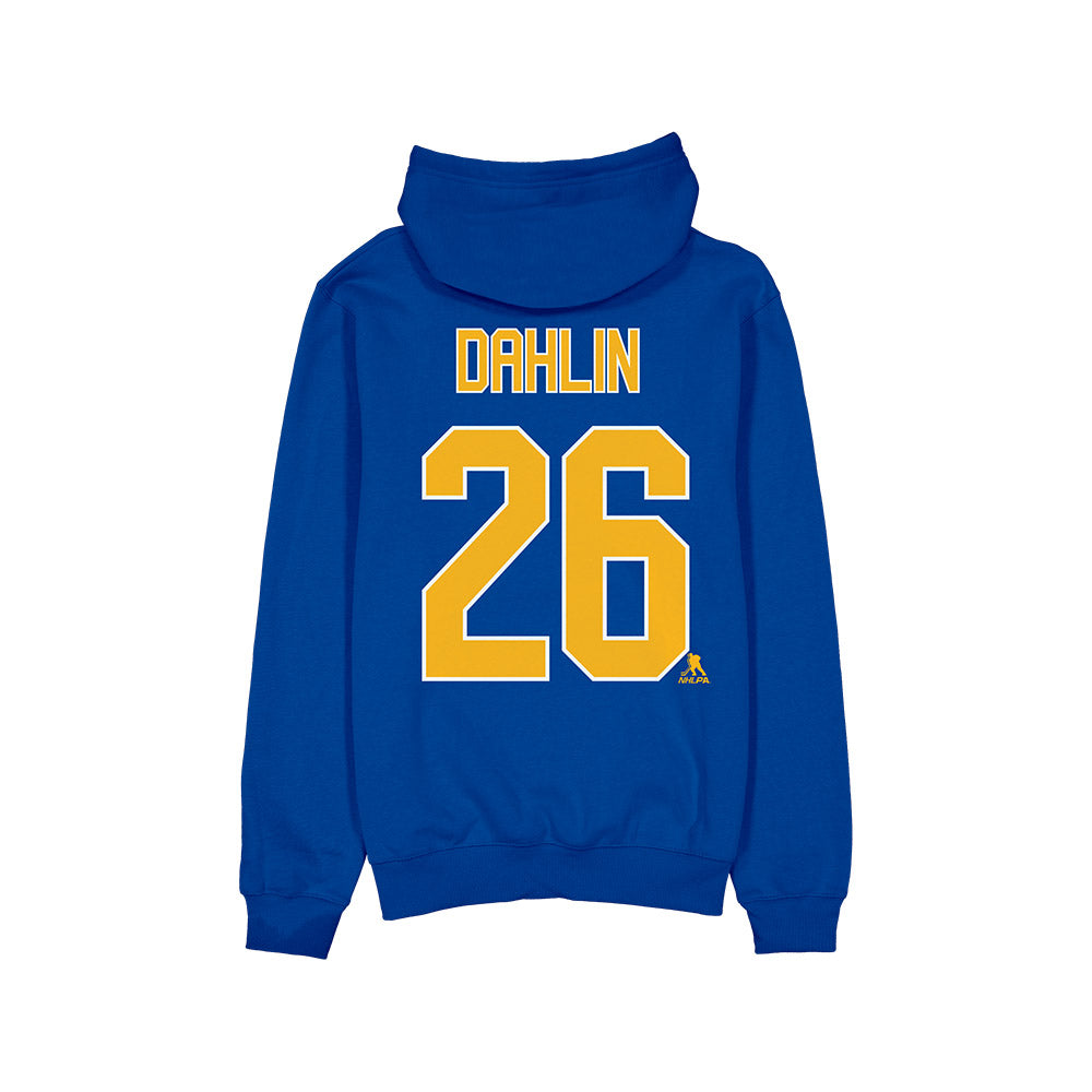 Blue hoodie with yellow text 'DAHLIN 26' on a white background