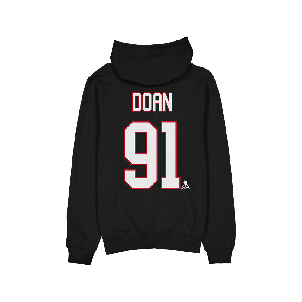 Black hoodie with 'DOAN 91' printed on the back against a white background